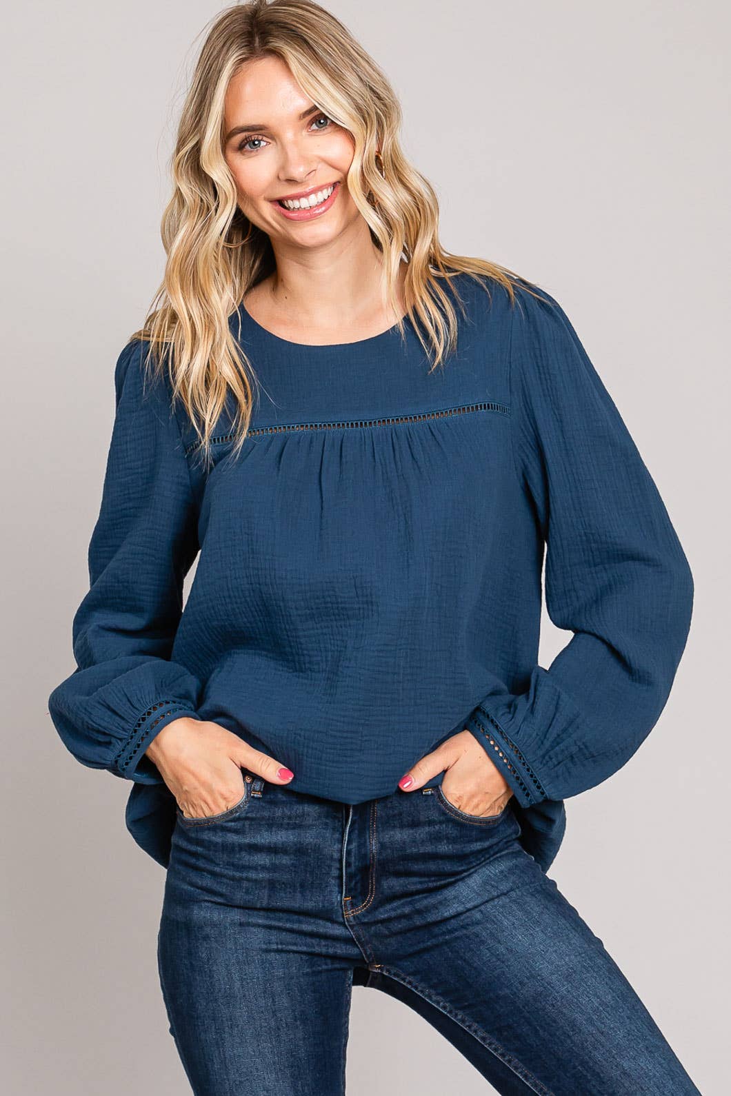 Navy Chic Cotton Ladder Trim Blouse