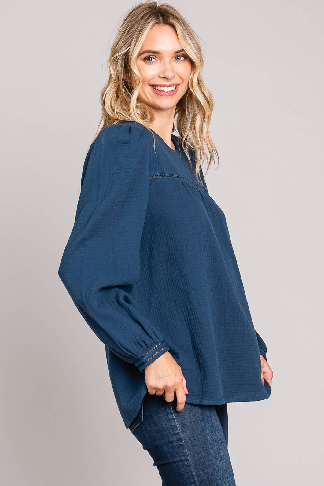 Navy Chic Cotton Ladder Trim Blouse