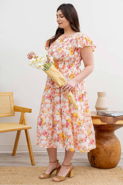 Ivory with Multi Colored Flowers Round Neck Dress (Plus Size Exclusive!)