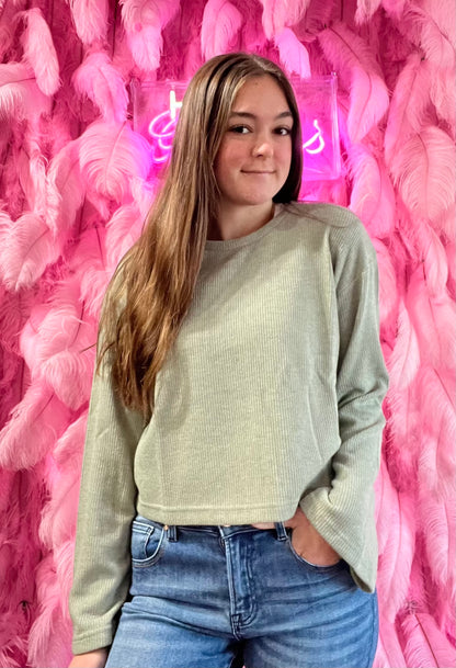 Sage Green Ribbed Bell Sleeve Top