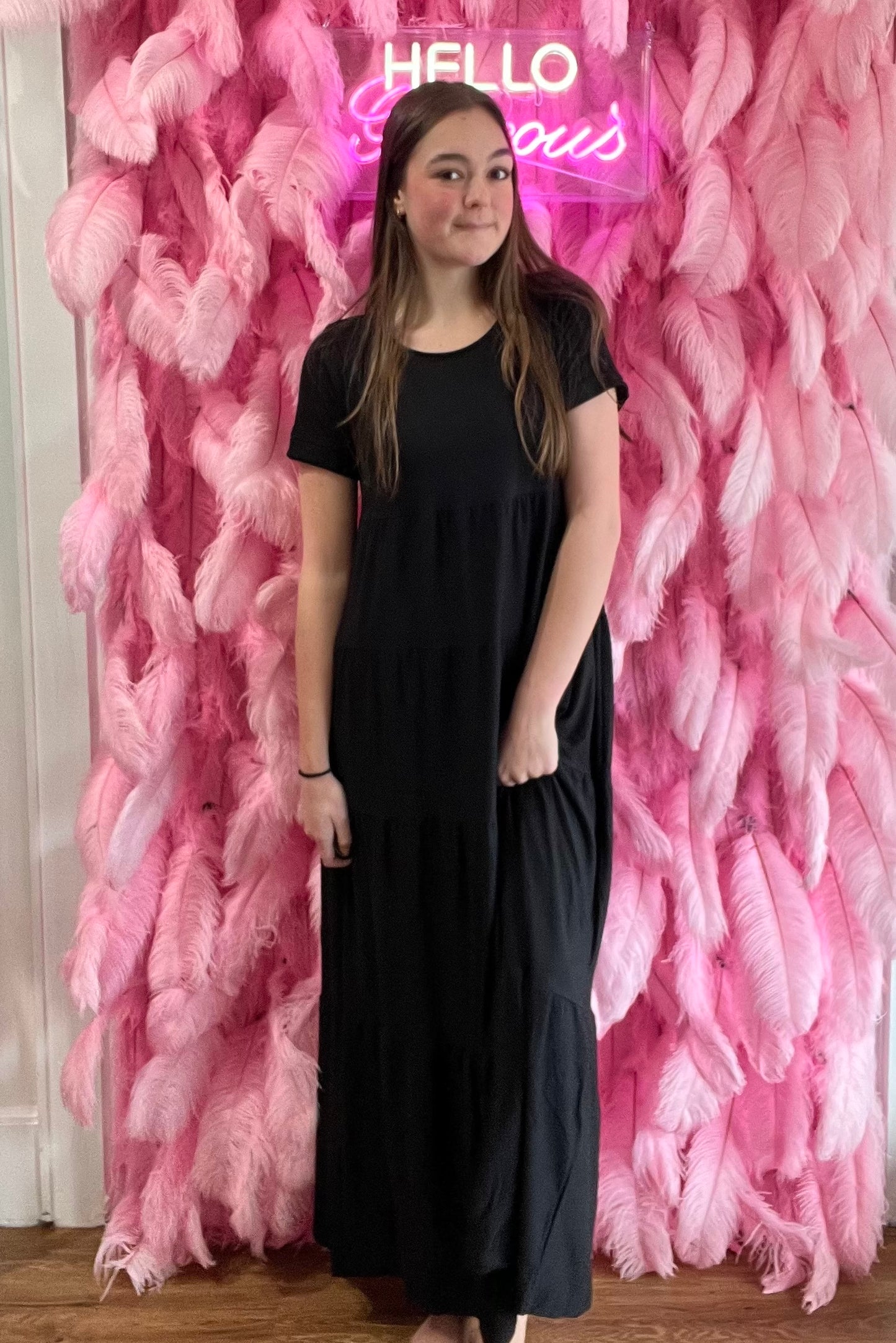Black Short Sleeve Tiered Maxi Dress