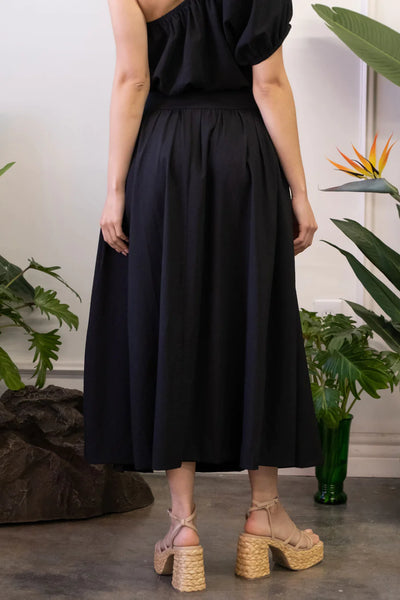 Black Wide Waistband Midi Skirt