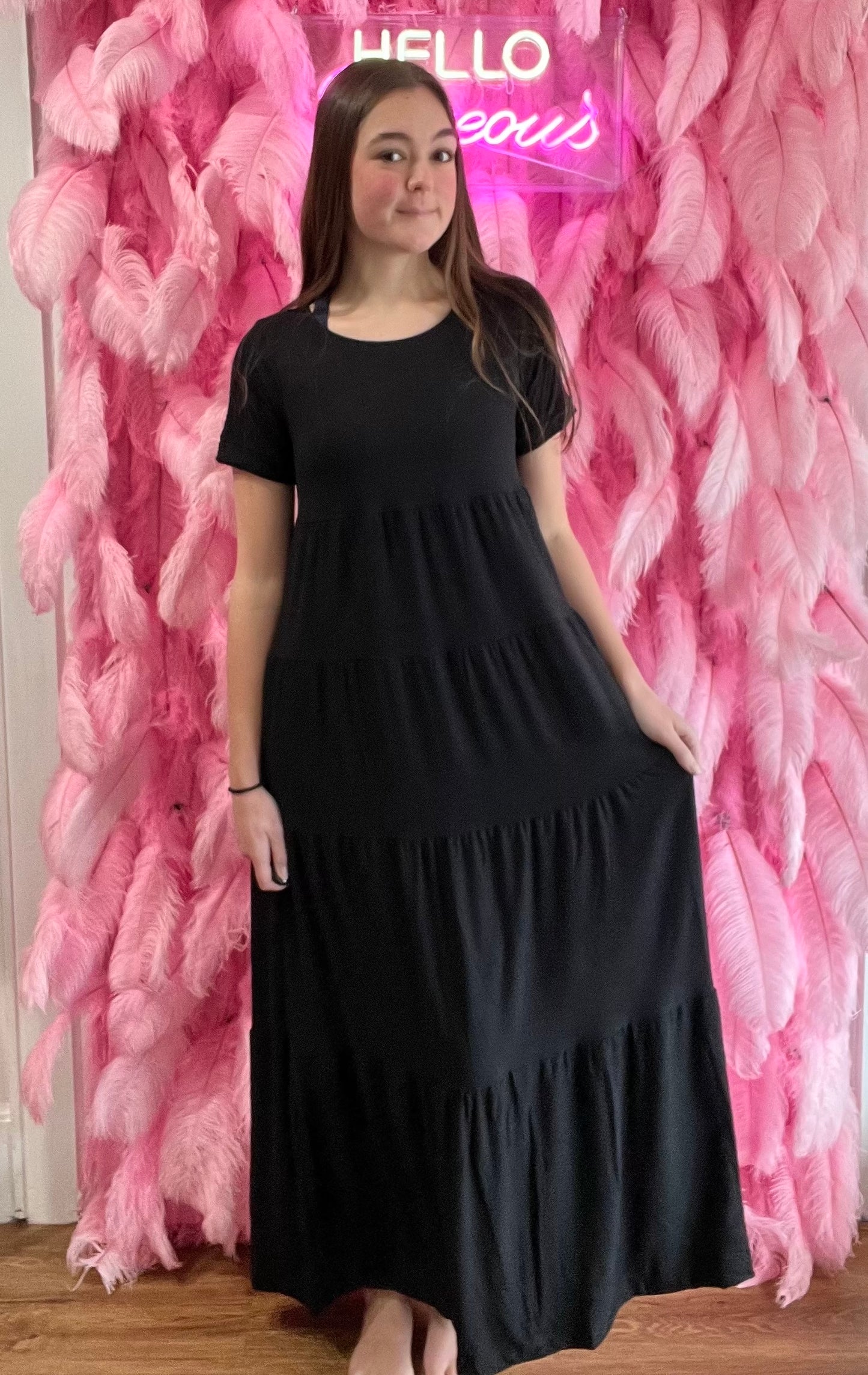 Black Short Sleeve Tiered Maxi Dress