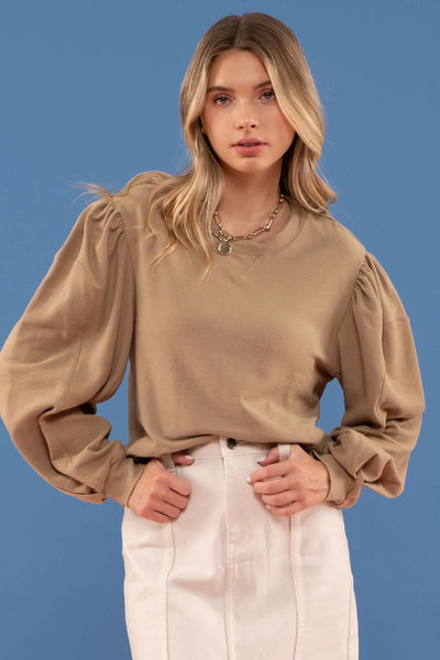 Olive Balloon Sleeve Pullover Top