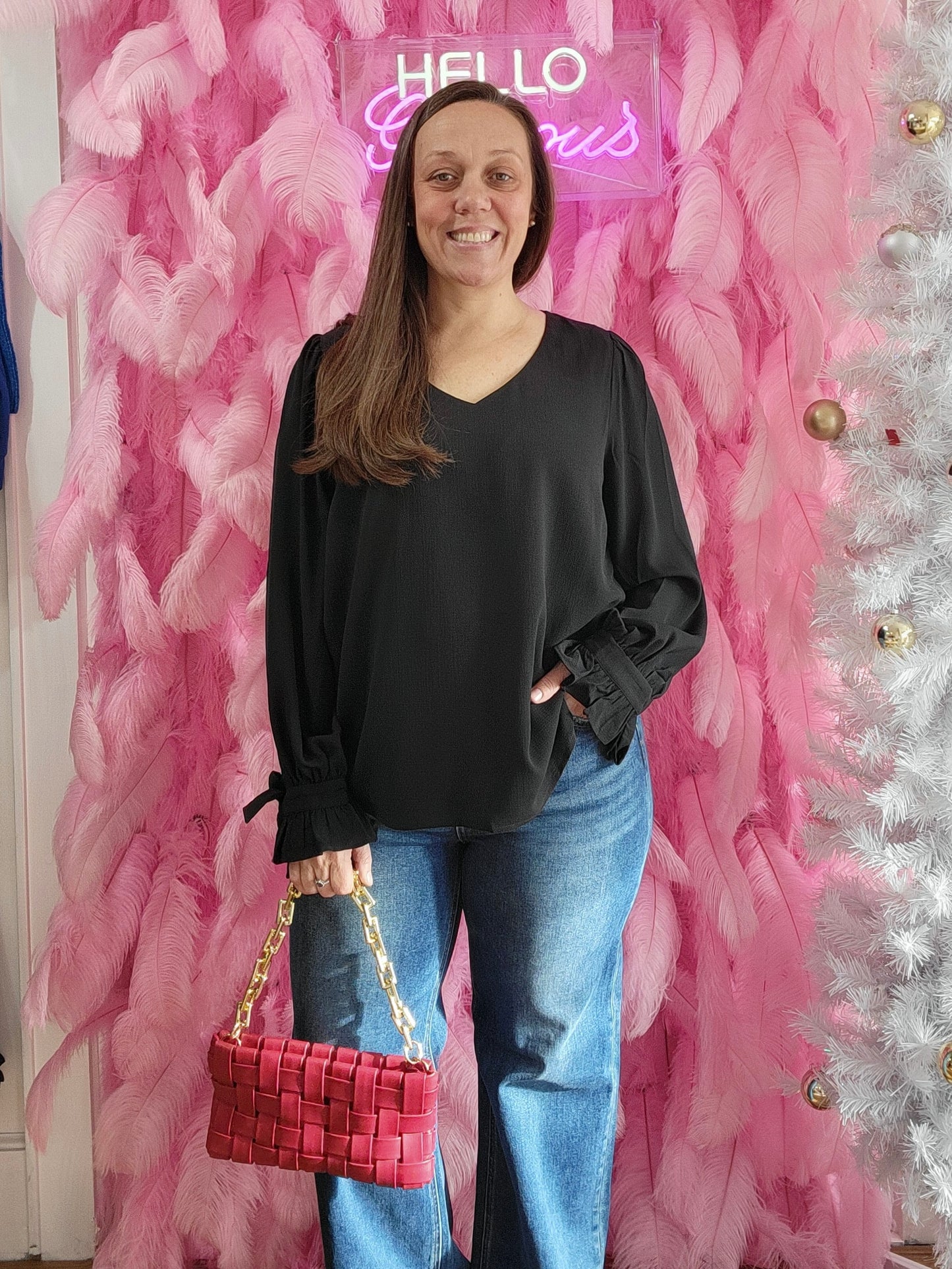 Black Soft Woven V-Neck Tie Detailed Sleeve Top (Includes Plus!)