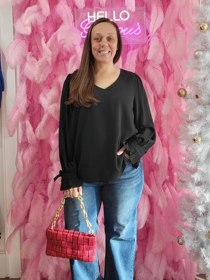 Black Soft Woven V-Neck Tie Detailed Sleeve Top (Includes Plus!)