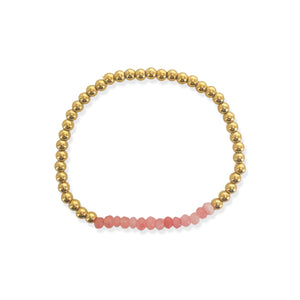 Pink Natural Stone and Gold Beaded Stretch Bracelet