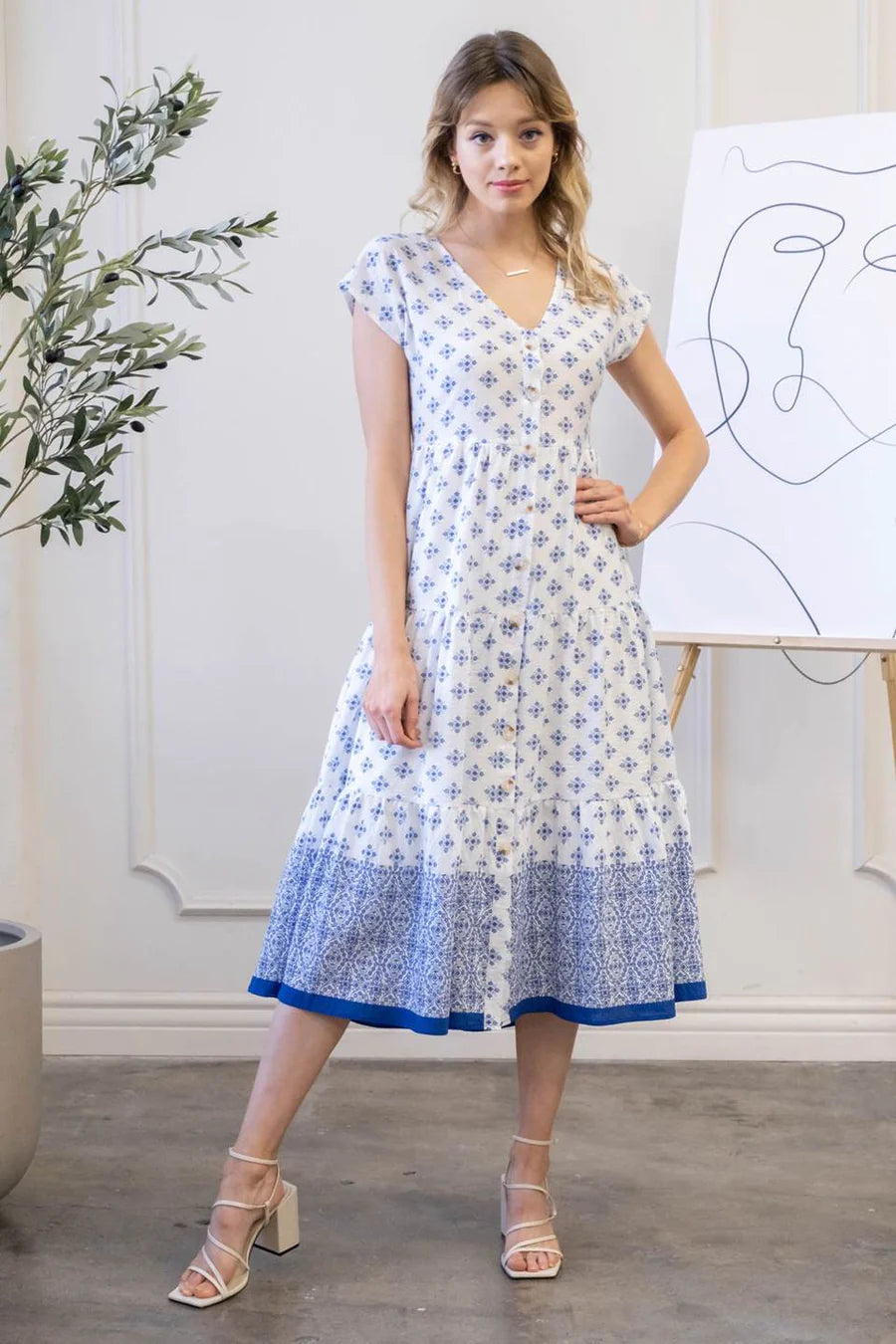 Blue Geometric Print Midi Dress