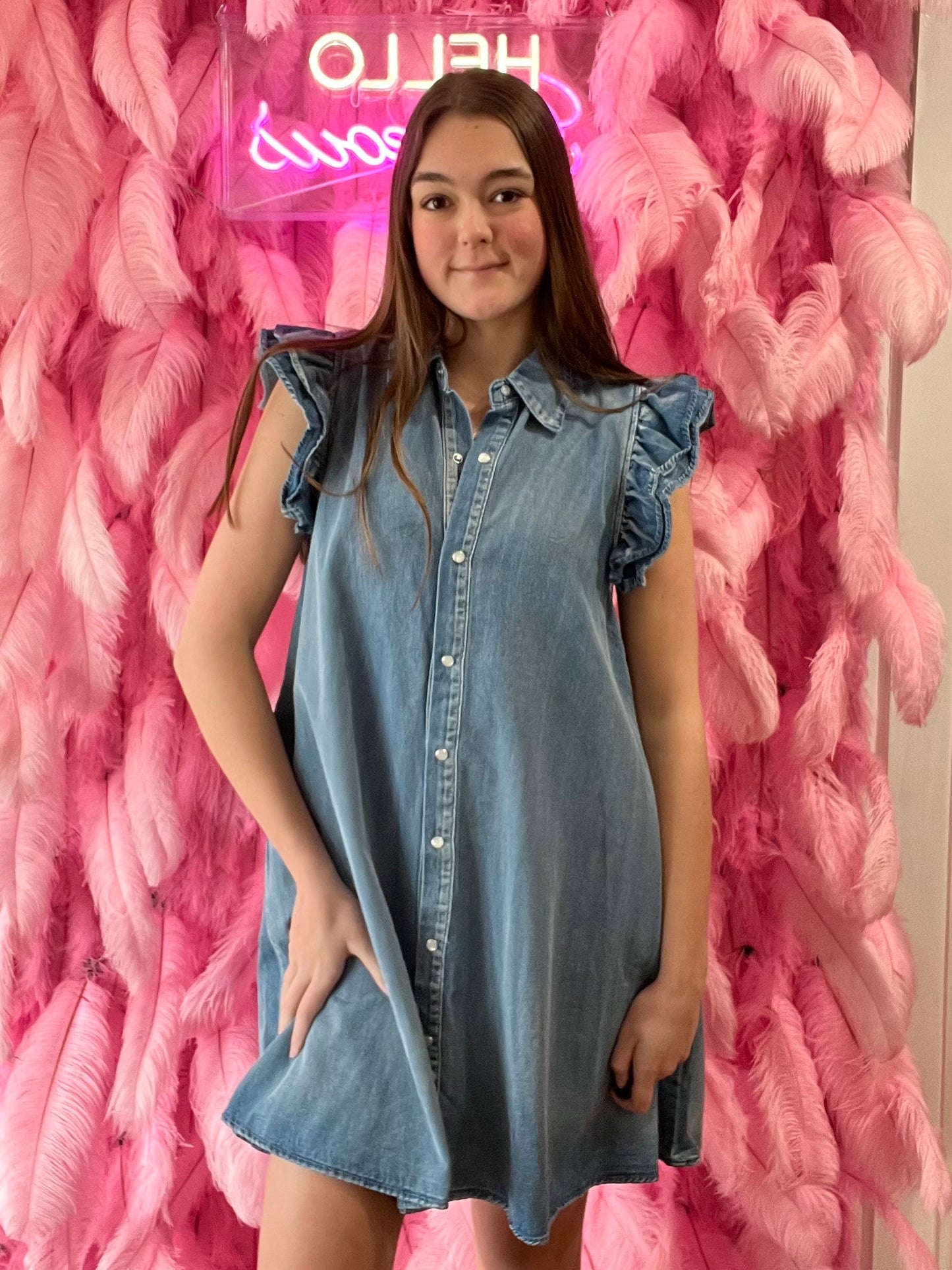Chambray Ruffle Shoulder Button Down Denim Dress