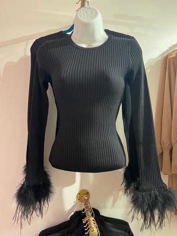 Black Faux Feather Trim Long Sleeve Knit Top