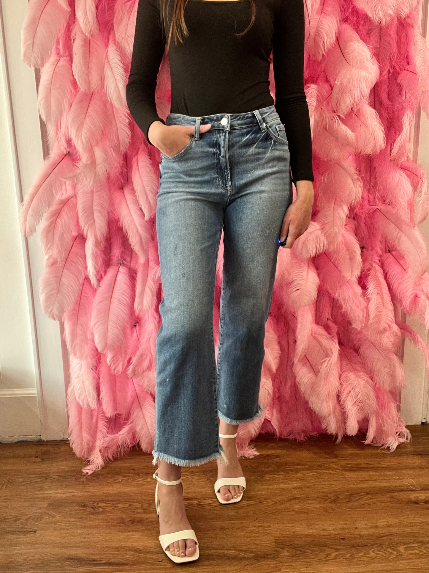 Medium Wash High Rise Crop Straight Jeans with Frayed Hem - Risen Jeans