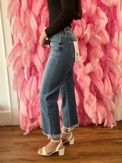 Medium Wash High Rise Crop Straight Jeans with Frayed Hem - Risen Jeans