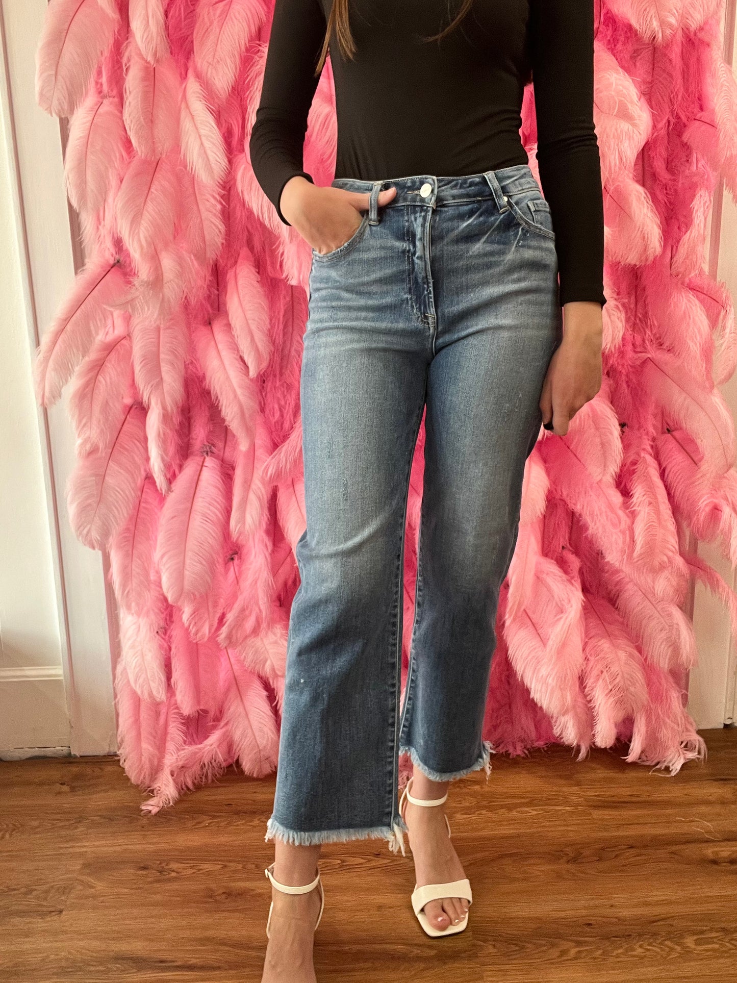 Medium Wash High Rise Crop Straight Jeans with Frayed Hem - Risen Jeans