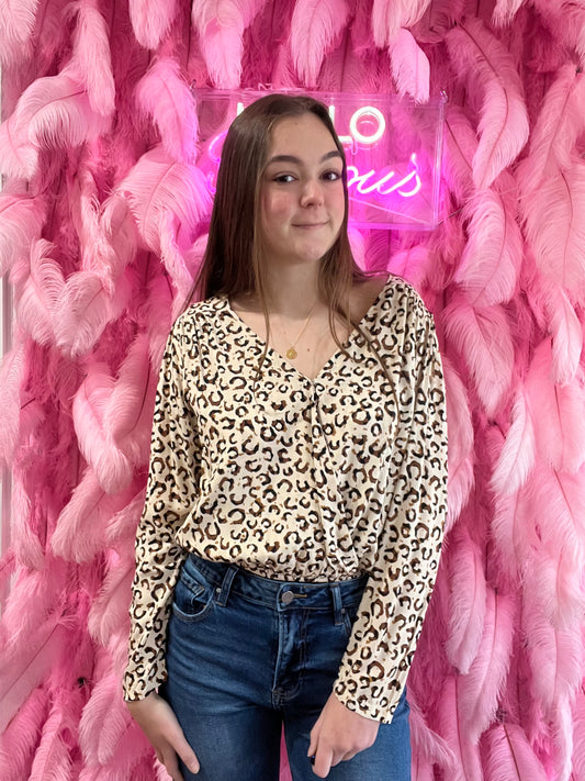 Taupe Long Sleeve Retro Inspired Animal Print Bodysuit