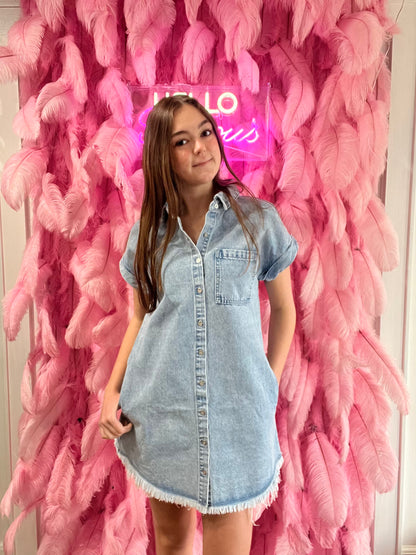 Light Wash Denim Button Down Short Sleeve Shirt Mini Dress