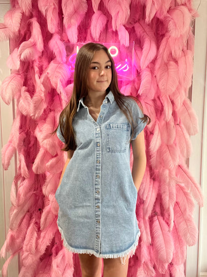 Light Wash Denim Button Down Short Sleeve Shirt Mini Dress