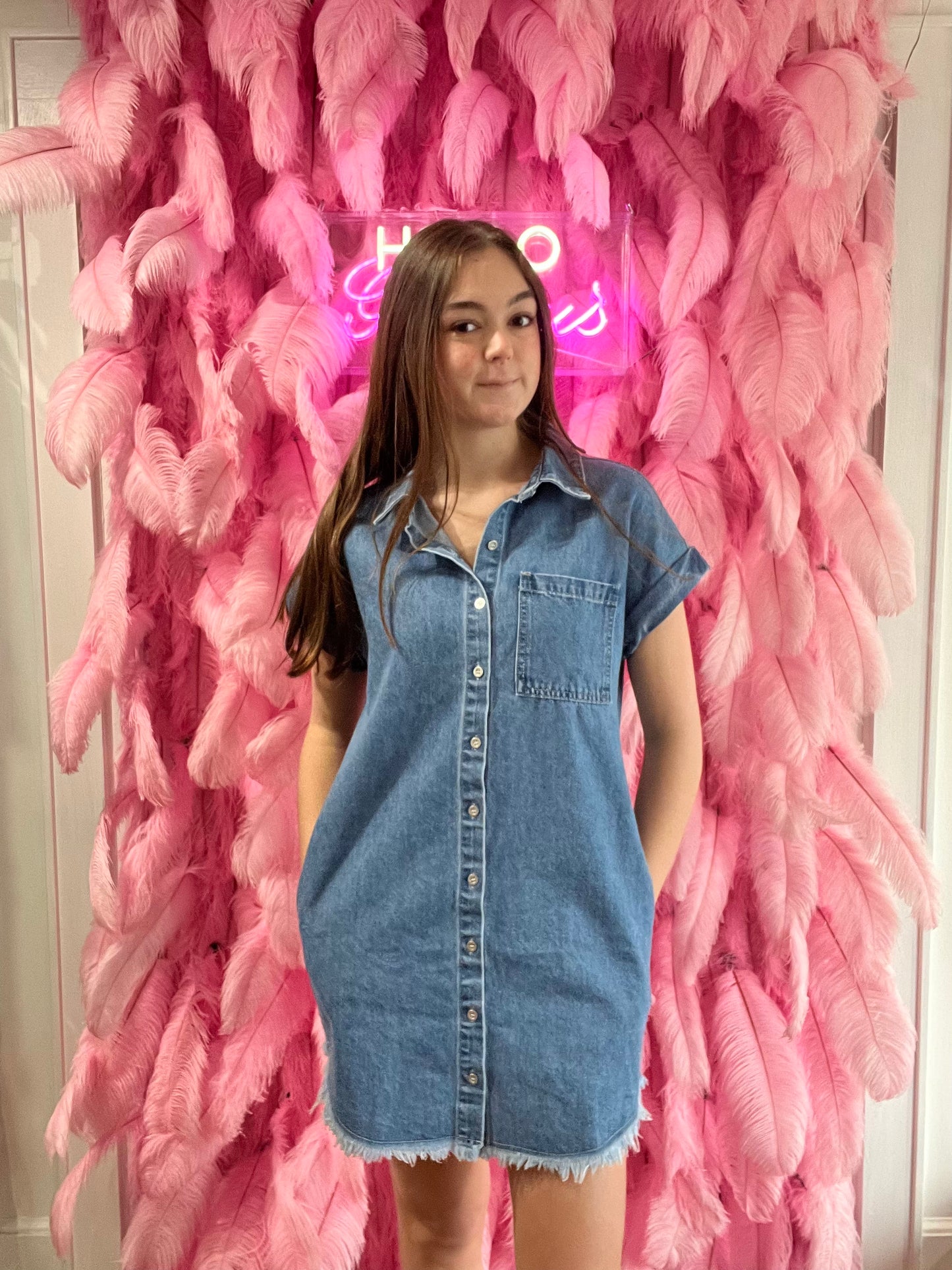 Medium Wash Denim Button Down Short Sleeve Shirt Mini Dress