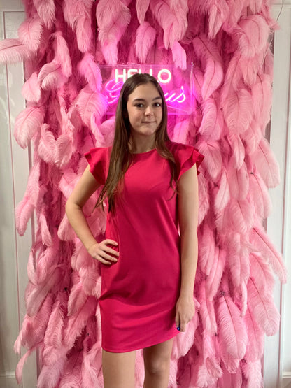 Fuchsia Shift Dress with Ruffle Tiered Short Sleeve (Includes Plus!)