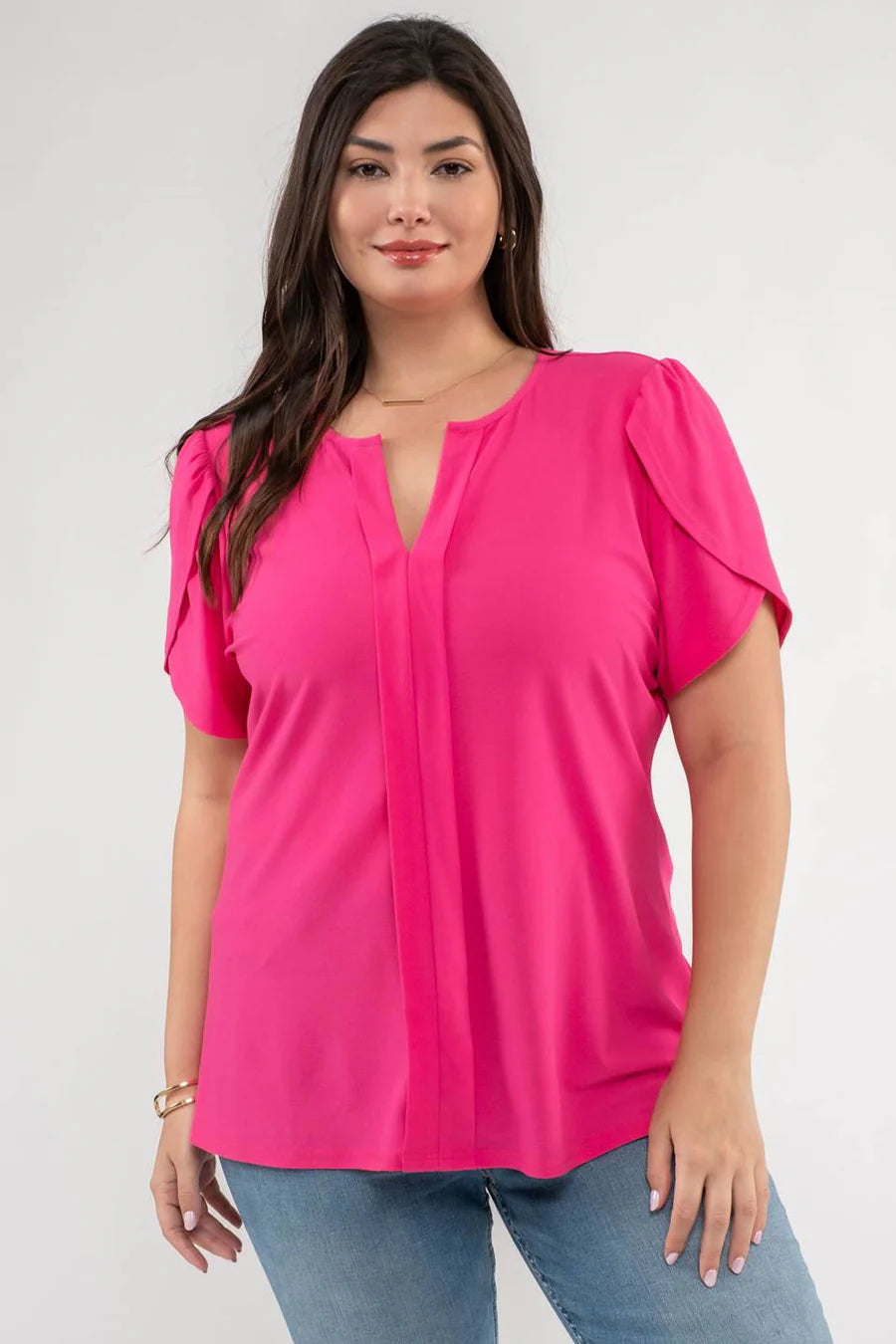 Fuchsia Drape Sleeve Split Neck Top (Plus Exclusive!)