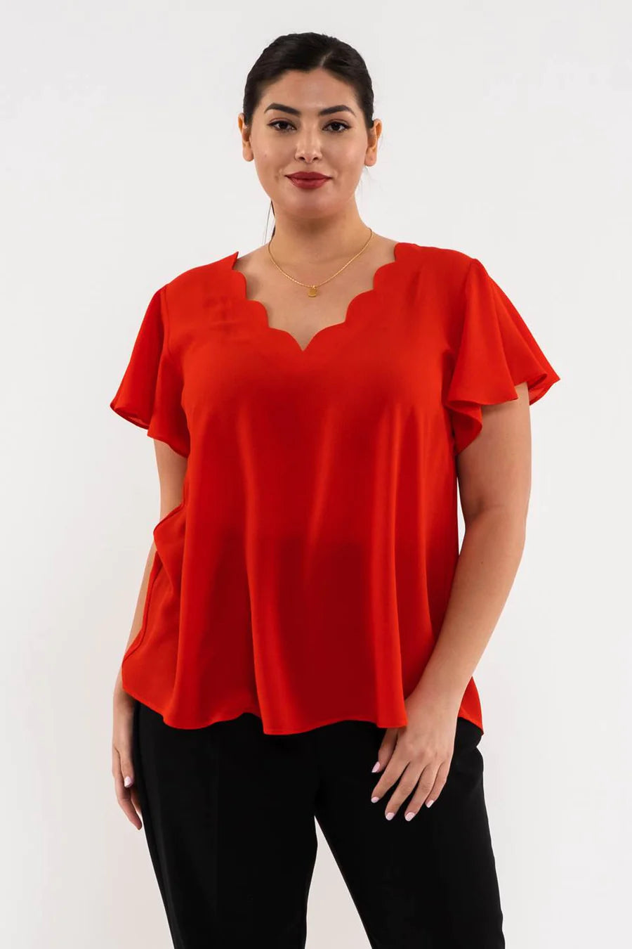Red Scallop V-Neck Woven Top (Plus Exclusive!)