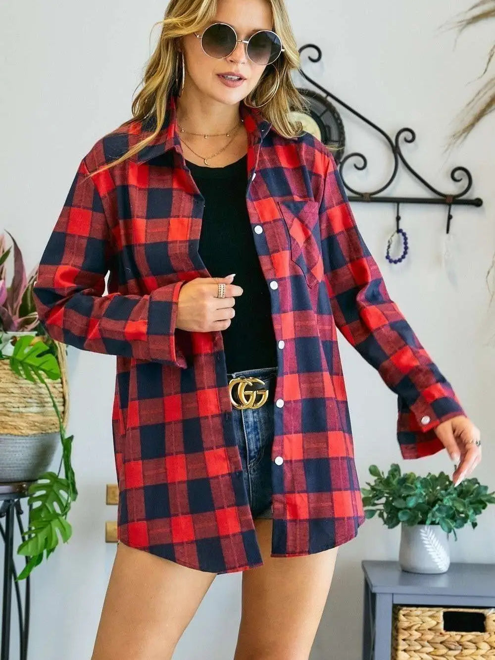 Red and Navy Plaid Button Down Shirt (Includes Plus!)
