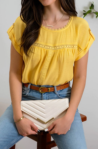 Light Yellow Lace Trim Roll Sleeve Woven Top