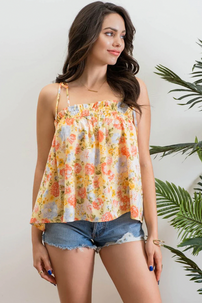 Light Yellow Floral Tie Strap Tunic Top