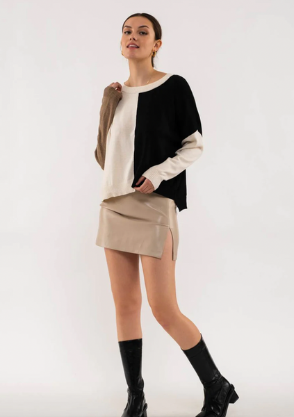 Black, Cream and Tan Relaxed Color Block Sweater