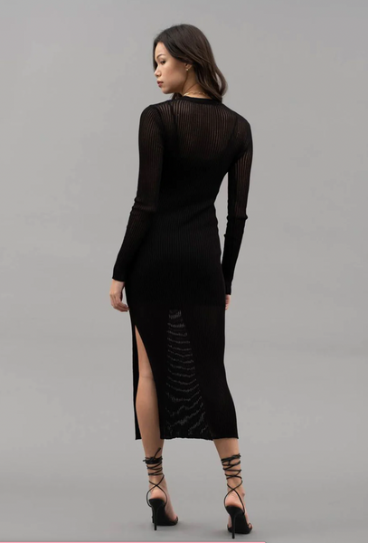 Black Sheer Ribbed Knit Midi Dress