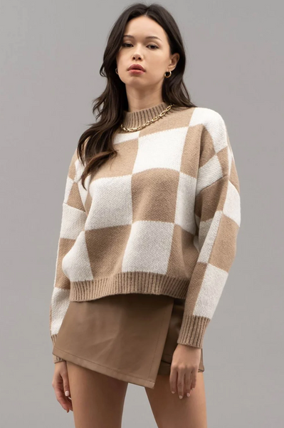 Ivory and Tan Checkered Crew Neck Knit Sweater