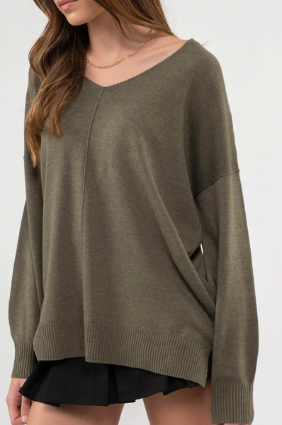 Olive Green Drop Shoulder V-Neck Lightweight Sweater (Includes Plus!)