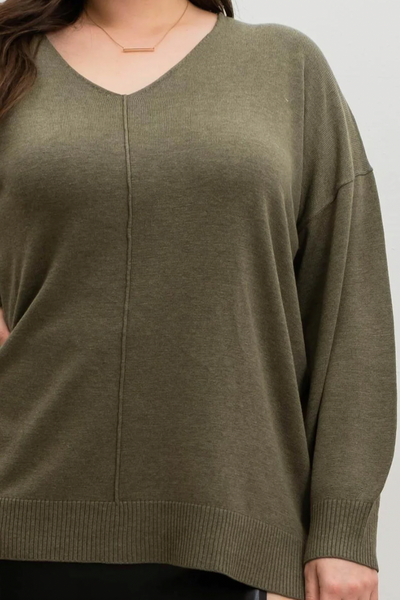 Olive Green Drop Shoulder V-Neck Lightweight Sweater (Includes Plus!)