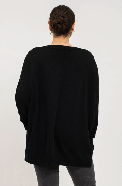 Black Drop Shoulder Round Neck Lightweight Sweater (Includes Plus!)