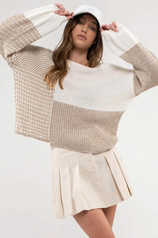 Taupe and Cream Color Block Knit Sweater