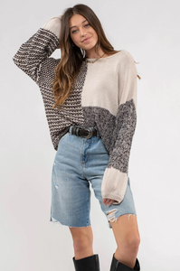 Black and Cream Color Block Knit Sweater