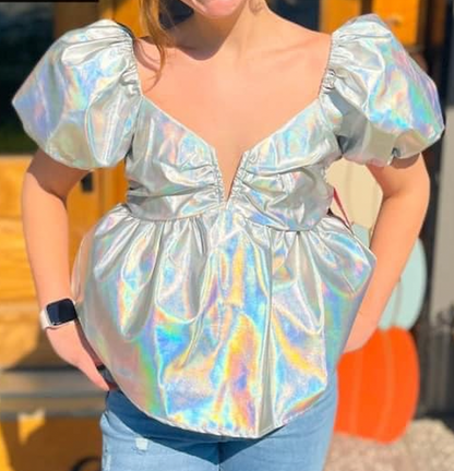 Iridescent Puff Sleeve Split V Neck Peplum Blouse
