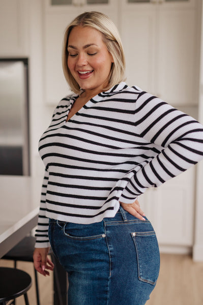 White with Black Stripes V-Neck Collared Sweater