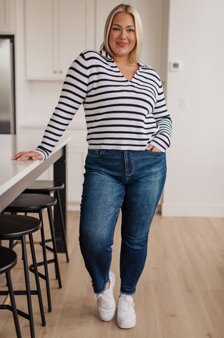White with Black Stripes V-Neck Collared Sweater