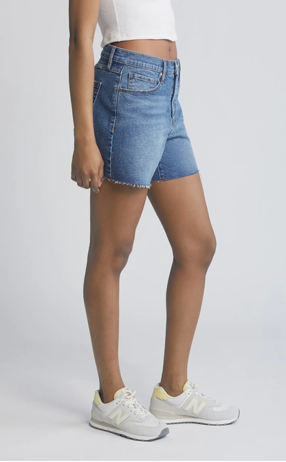 Light Medium Wash Loose Fit Mid Rise 5" Length Fray Hem Denim Short