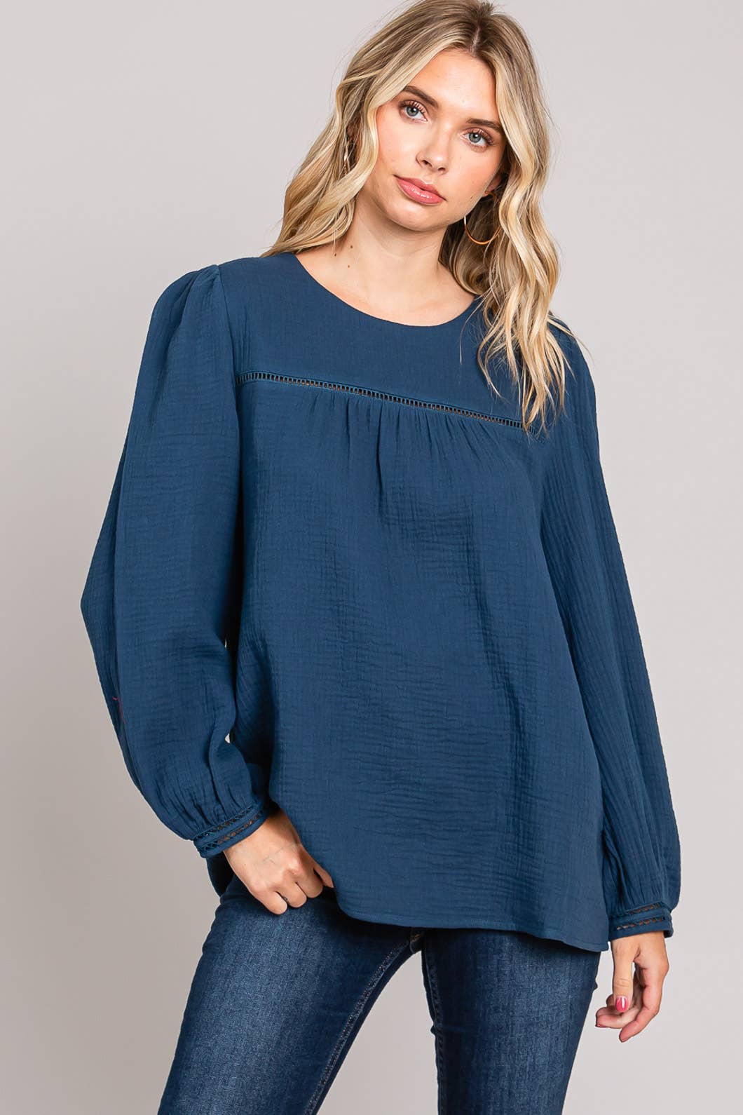 Navy Chic Cotton Ladder Trim Blouse