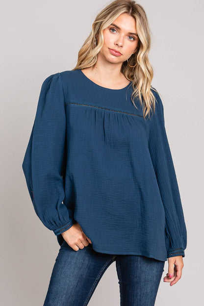 Navy Chic Cotton Ladder Trim Blouse