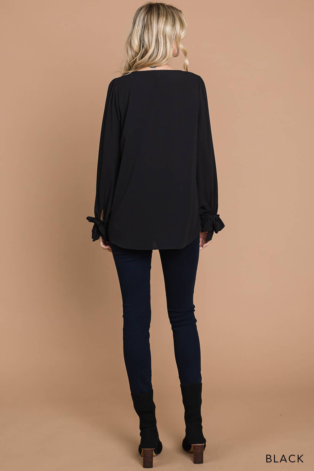 Black Soft Woven V-Neck Tie Detailed Sleeve Top (Includes Plus!)
