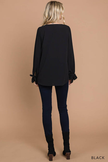 Black Soft Woven V-Neck Tie Detailed Sleeve Top (Includes Plus!)