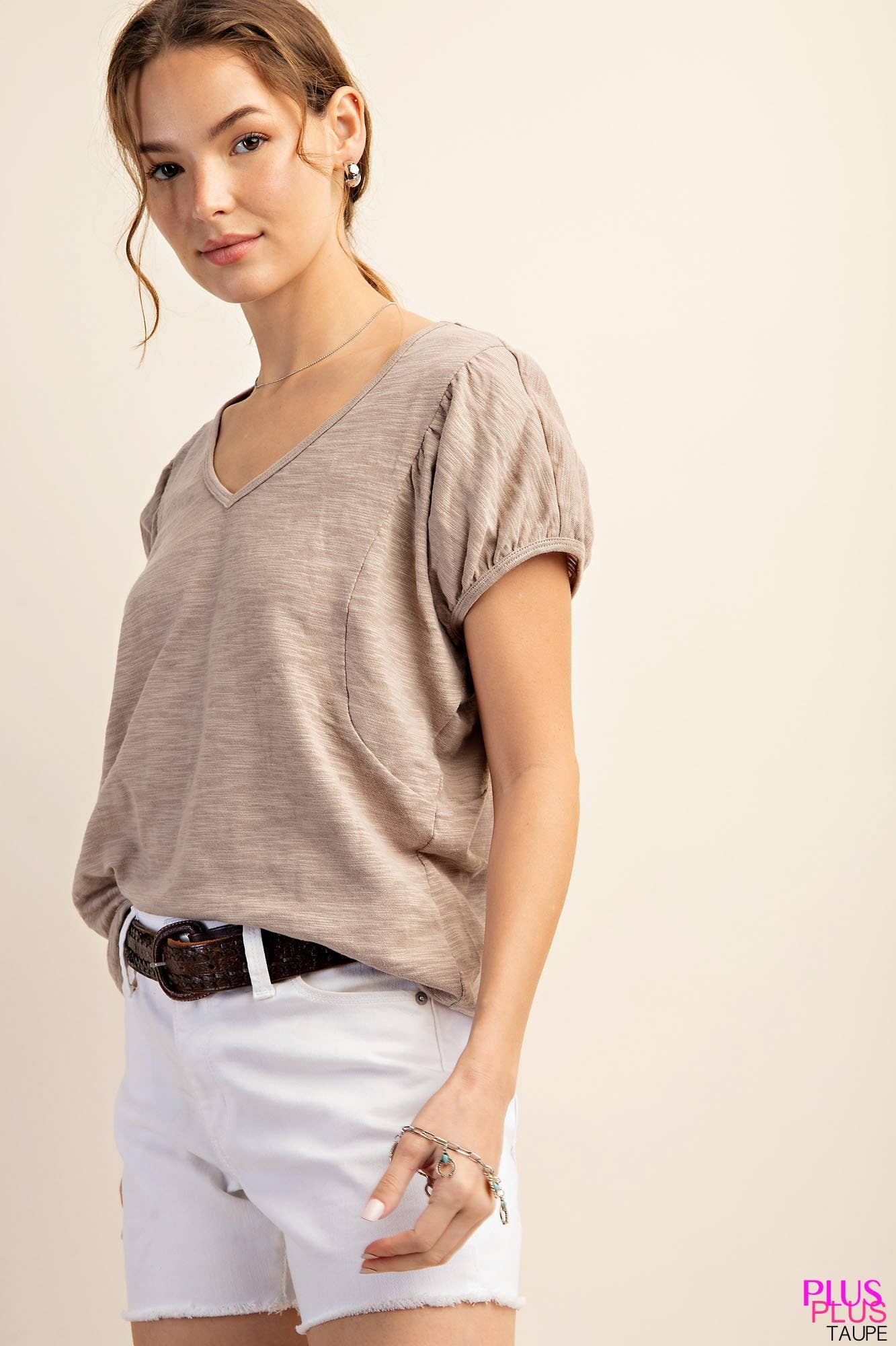 Taupe Cotton Puff Short Sleeve V-Neck Top (Plus Exclusive!)