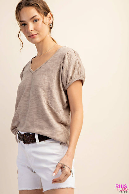 Taupe Cotton Puff Short Sleeve V-Neck Top (Plus Exclusive!)