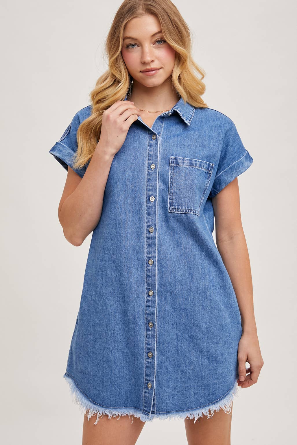 Medium Wash Denim Button Down Short Sleeve Shirt Mini Dress