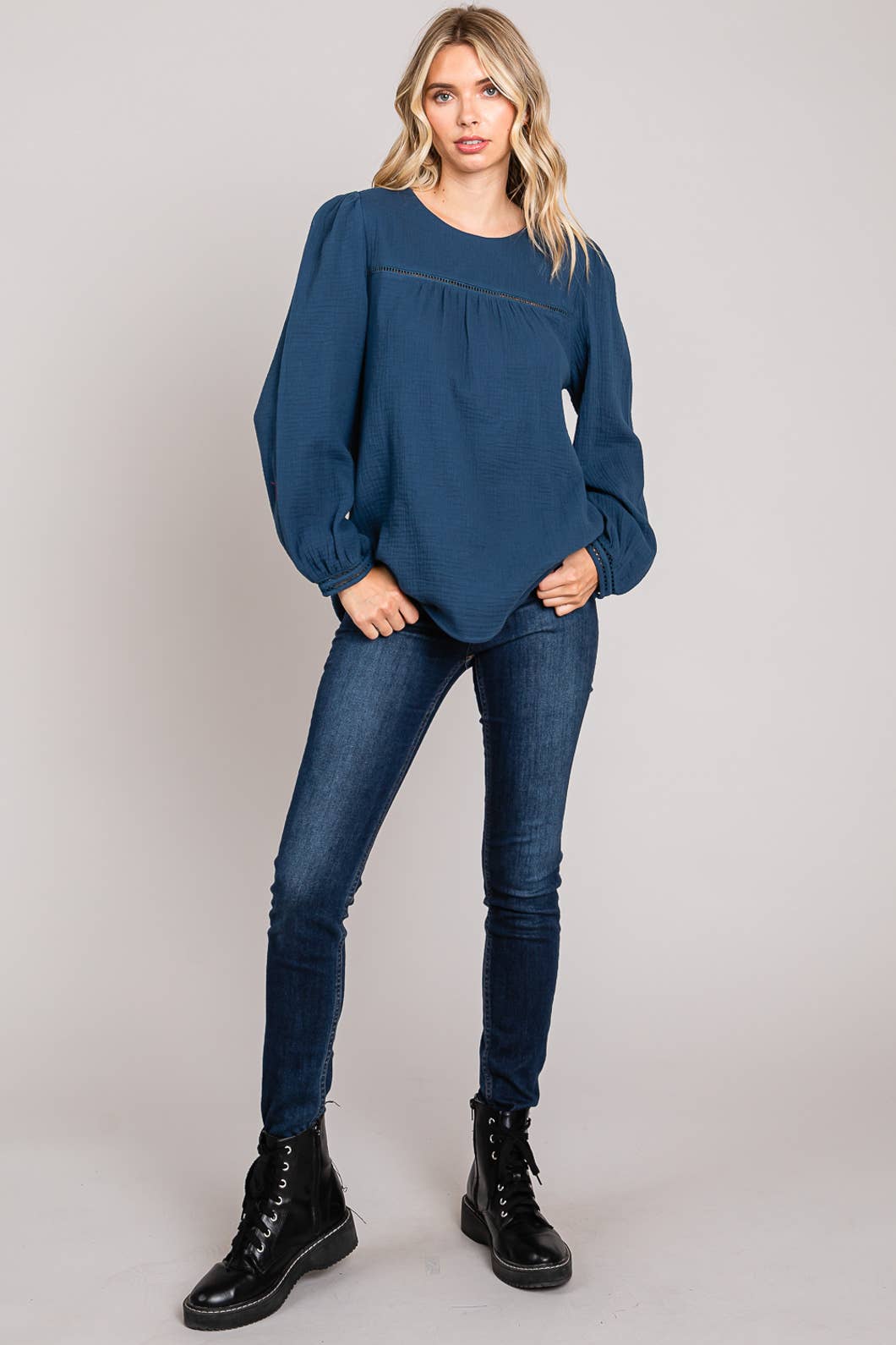 Navy Chic Cotton Ladder Trim Blouse