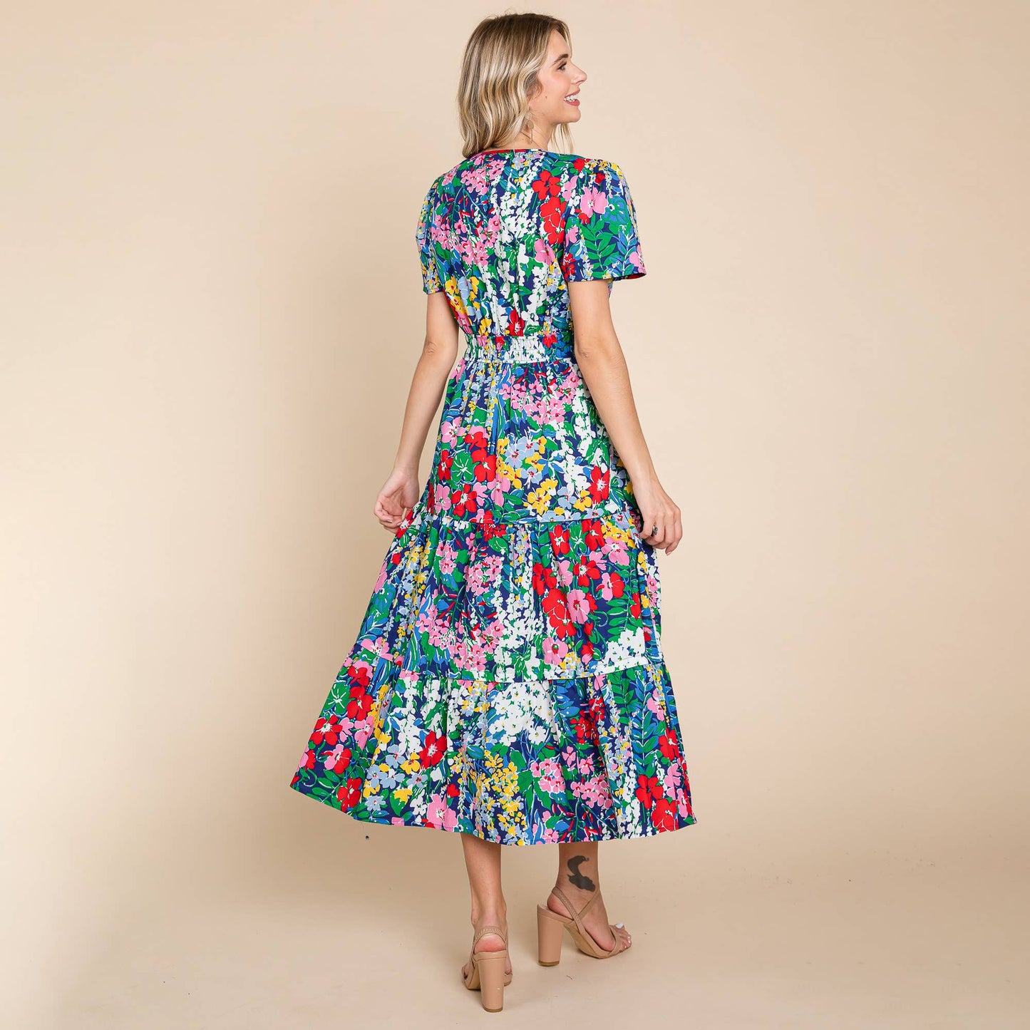Navy Tiered Floral V Neck Cotton Midi Dress (Plus Size Exclusive!)