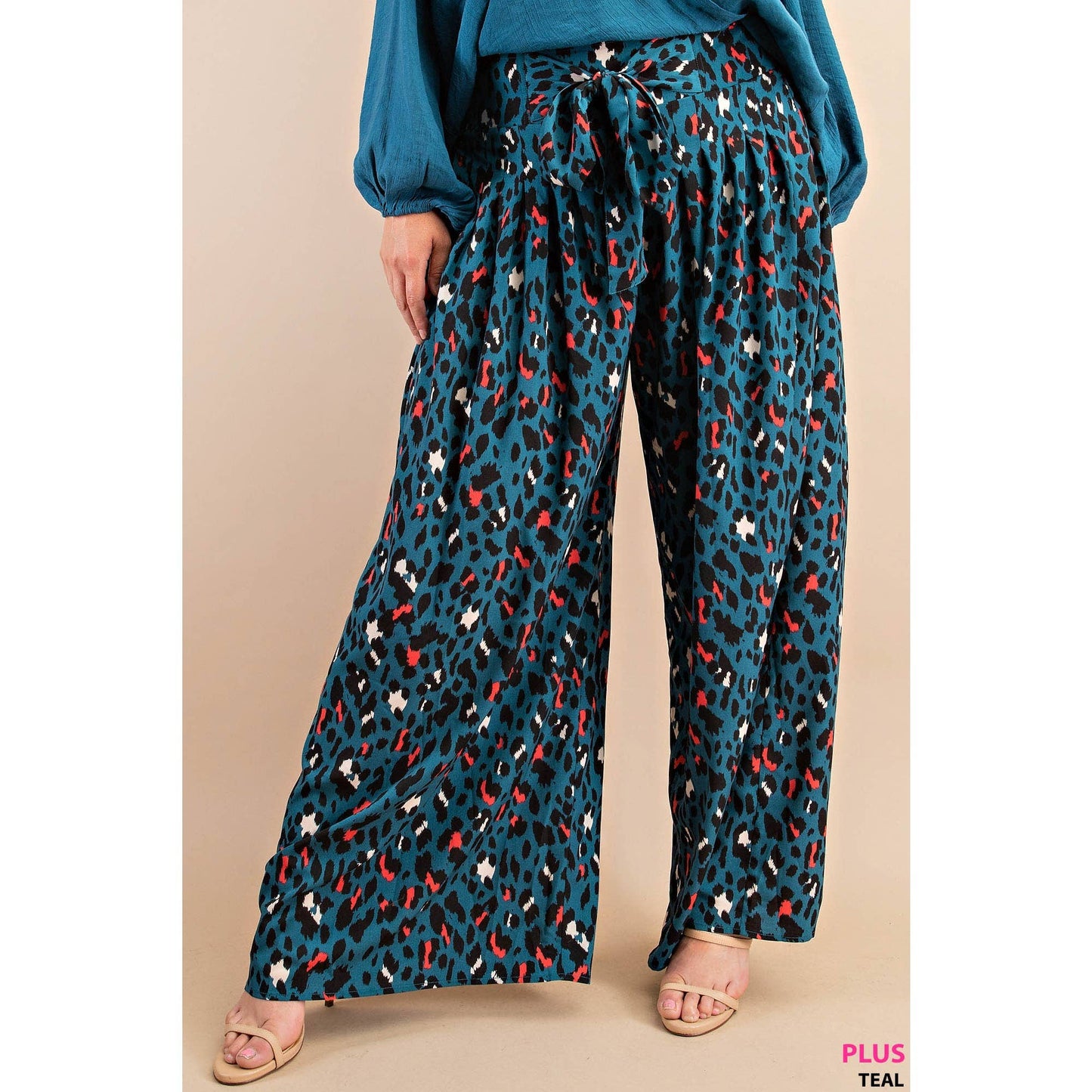 Teal Animal Print High Rise Wide Leg Pants with Elastic Smocked Waist (Plus Exclusive!)
