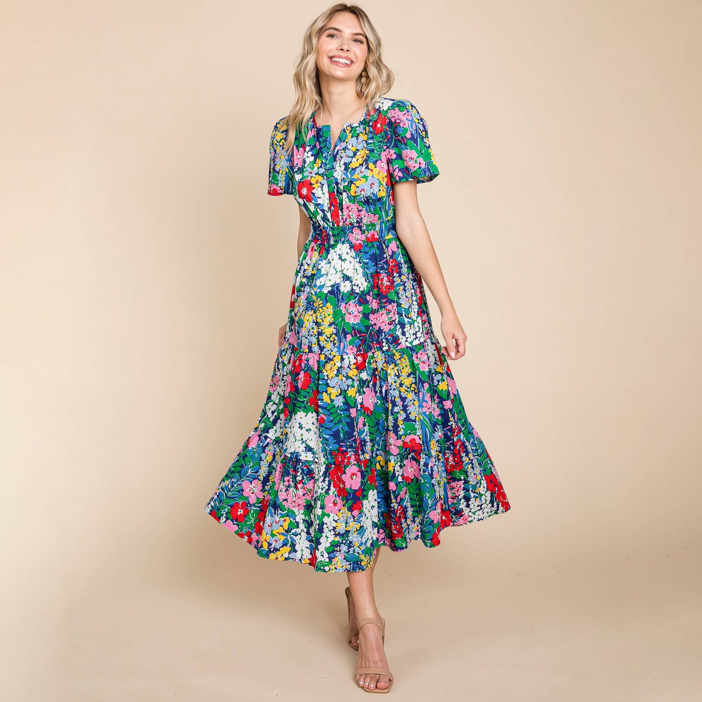 Navy Tiered Floral V Neck Cotton Midi Dress (Plus Size Exclusive!)